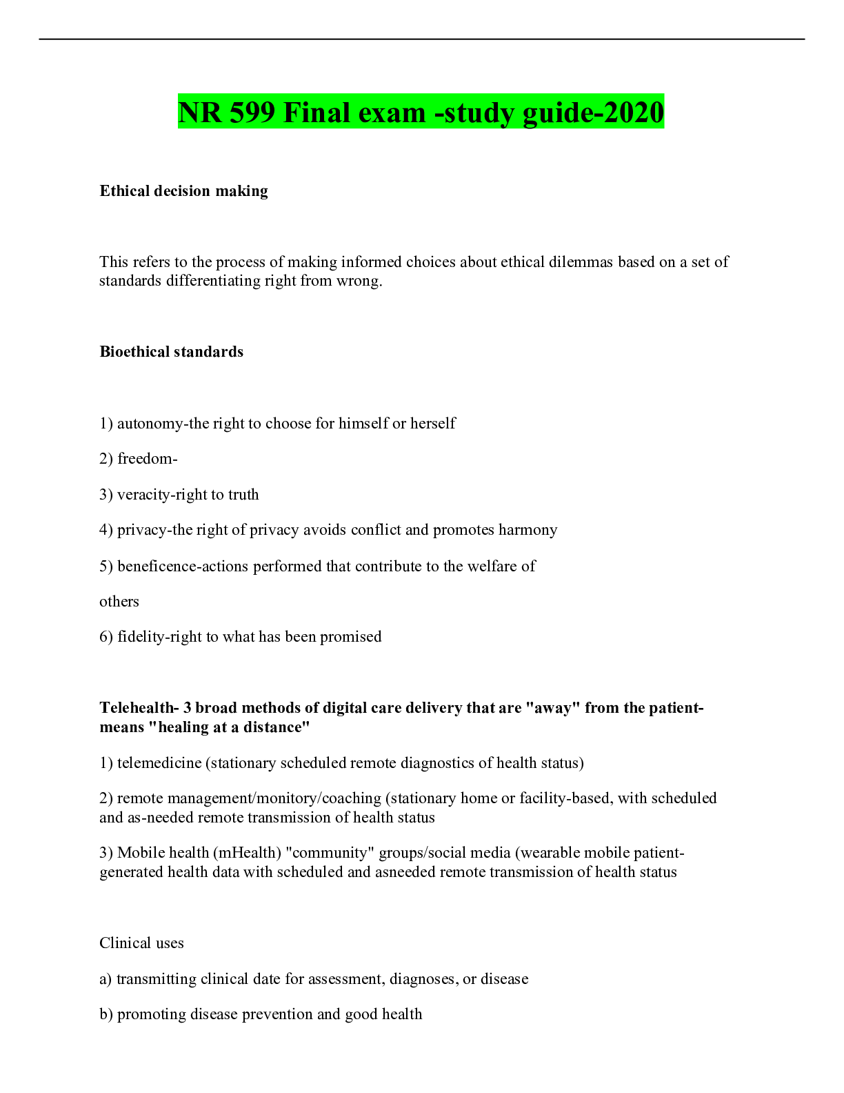 Preview of NR 599 Final exam -study guide-2020